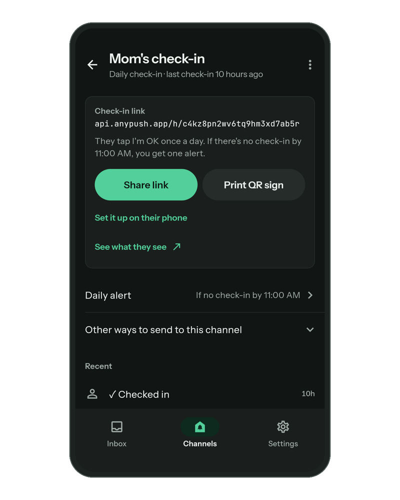 A daily check-in on a phone: the link to share, Print QR sign, and the alert if there is no check-in by 11:00