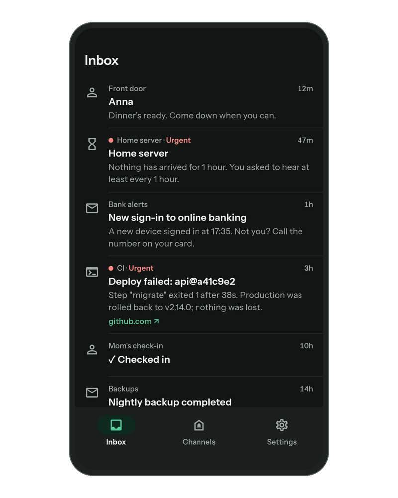 The anypush inbox on a phone: a ring from Anna at the front door, overdue and urgent alerts, a bank email and a check-in